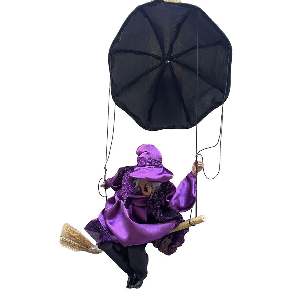 Ganz Flying Witch on Broom Purple Cape Hat Hanging Halloween Decoration VTG 20"